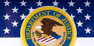 Department of Justice seal on American flag background