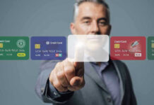 Man interacting with virtual credit card interface