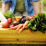 A wooden crate filled with various fresh vegetables in a garden