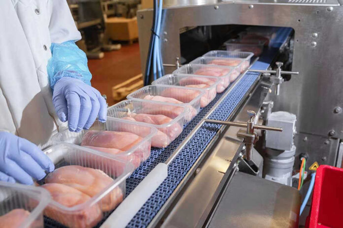 Packaged chicken breasts on a factory conveyor belt