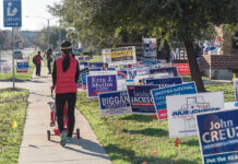 Is JFK’s Grandson a Political Maverick or Menace? Person walking with stroller past numerous election campaign signs.