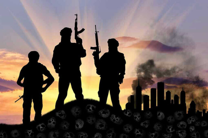 340068851 Three armed silhouettes near a smoky city skyline.