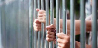 Hands gripping metal prison bars