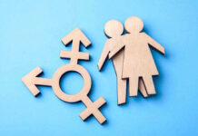 North Carolina’s Controversial New Gender Law Wooden transgender symbol and couple figures on blue background.