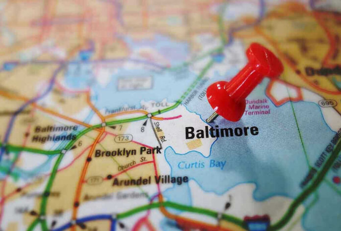 185722670 Red pushpin marking Baltimore on a map.
