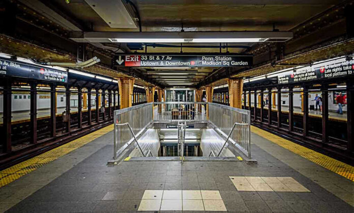 605058719 Subway station platform with directional signs overhead.