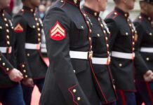 Marines in formal uniforms marching during a parade