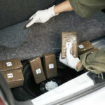 Person discovering wrapped packages in a car trunk.