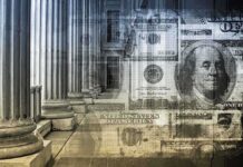 Architectural columns with a background of U.S. currency