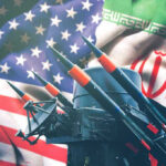 Dangerous Brink: Trump-Iran Faceoff Intensifies Missiles in front of American and Iranian flags.
