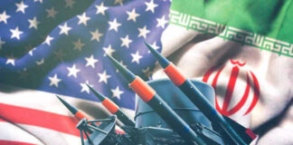 Missiles in front of American and Iranian flags.