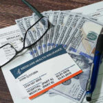 Stolen IDs Fuel $600M Hospice Scam! Medicare card glasses pen money on wooden table