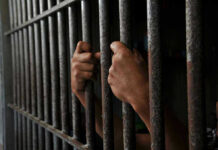 Hands gripping jail cell bars.