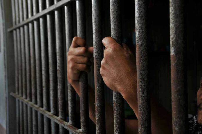 Hands gripping jail cell bars.