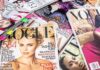 A collection of Vogue magazines featuring various covers and celebrity portraits