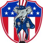 Cartoon elephant dressed in a suit with an American flag theme