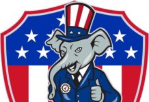 Shocking Primary Sweep Jolts GOP Map Cartoon elephant dressed in a suit with an American flag theme