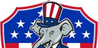 Cartoon elephant dressed in a suit with an American flag theme