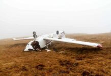 Skydiving Horror Near Airport Crashed airplane lying on its side in a foggy field