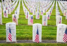 Rows of grave markers adorned with American flags in a military cemetery