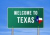 Texas Overtakes California — Corporate Stampede Welcome to Texas road sign with a Texas map