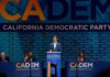 Democrats Borrow Trump—Blue MAGA? Speaker at podium during California Democratic Party event