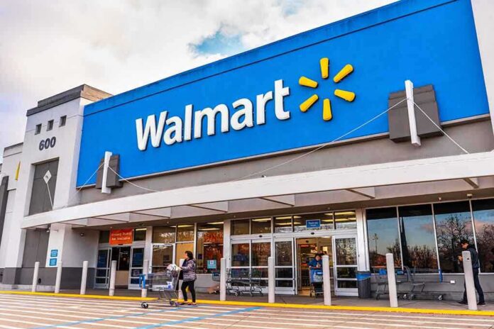 Exterior view of a Walmart store with customers entering