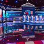 Common Sense vs. Communism Showdown Televised debate stage with multiple podiums and bright red, white, and blue lighting