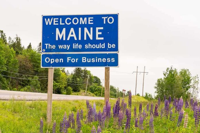 Welcome to Maine roadside sign with wildflowers