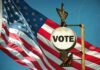 Trump Drops BOMBSHELL: China Voter Files A vintage Vote sign in front of an American flag