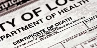 Close-up of a California death certificate document