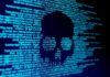 skull silhouette in blue computer code