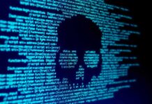 skull silhouette in blue computer code