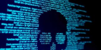 skull silhouette in blue computer code