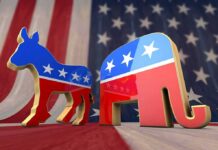 Democratic donkey and Republican elephant symbols on American flag backdrop