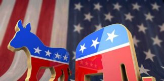Democratic donkey and Republican elephant symbols on American flag backdrop