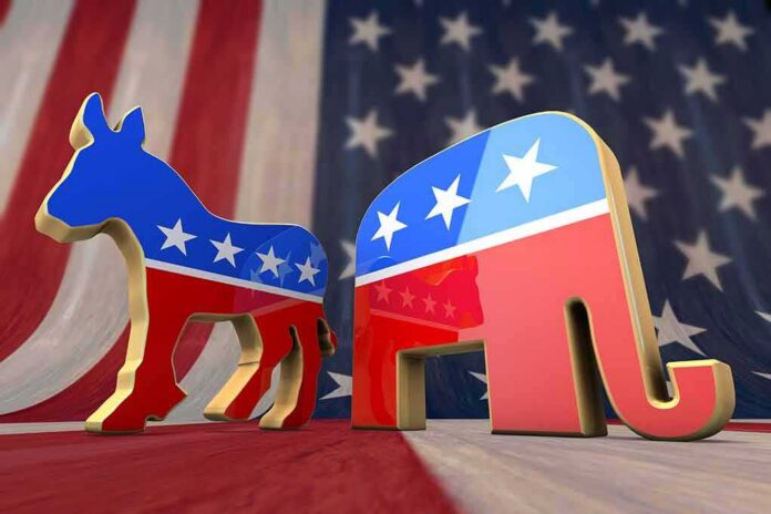 Democratic donkey and Republican elephant symbols on American flag backdrop