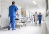 Nurse’s Chokehold Drops Violent Intruder Hospital staff in scrubs walking in a bright corridor