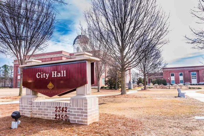 shutterstock_1667474968 City Hall sign in front of a red-brick municipal building