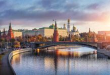 Kremlin complex by a river at sunset
