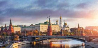 Kremlin complex by a river at sunset