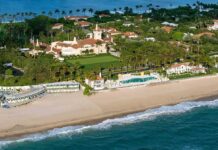 Aerial view of a beachfront estate with pool and palm trees