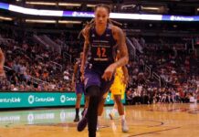 basketball player dribbling on a court during a game