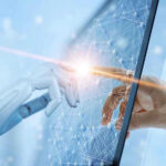 March Of Machines Rattles Minister Robotic and human hands touching through a screen.