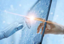 March Of Machines Rattles Minister Robotic and human hands touching through a screen.