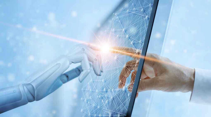 Robotic and human hands touching through a screen.