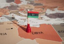Libyan flag pin on a map of Libya