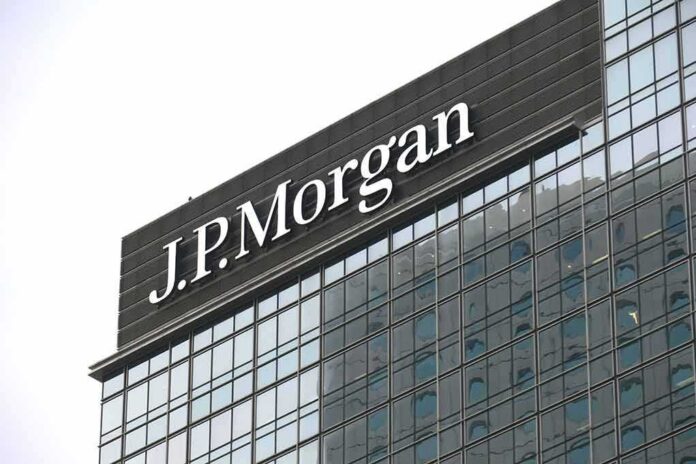 J.P. Morgan logo on a modern glass office tower