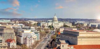 United States Capitol building with cityscape and broad avenue