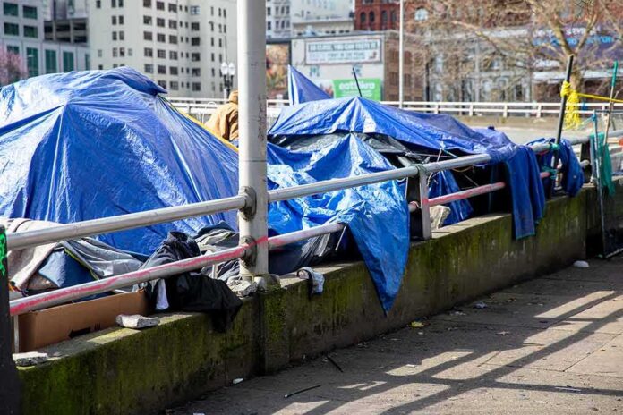 Tents covered with blue tarps along a city sidewalk